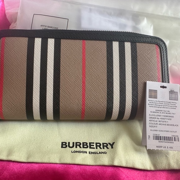 Burberry Ellerby Black Leather Icon Stripe Canvas Zip Around Continental Wallet - Picture 5 of 8